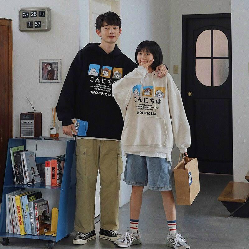 Áo Khoác Nỉ Hoodie Chữ Nhật Unisex Nam Nữ Có Mũ hình gấu - ÁO KHOÁC THIÊN HÀ