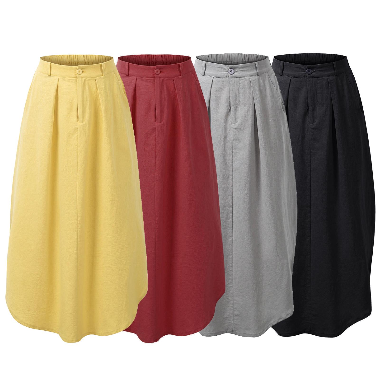 Women Long Skirt Elastic Waist Split Hem Pockets Soft Loose Solid Bottom Ankle-length A-Line Skirt