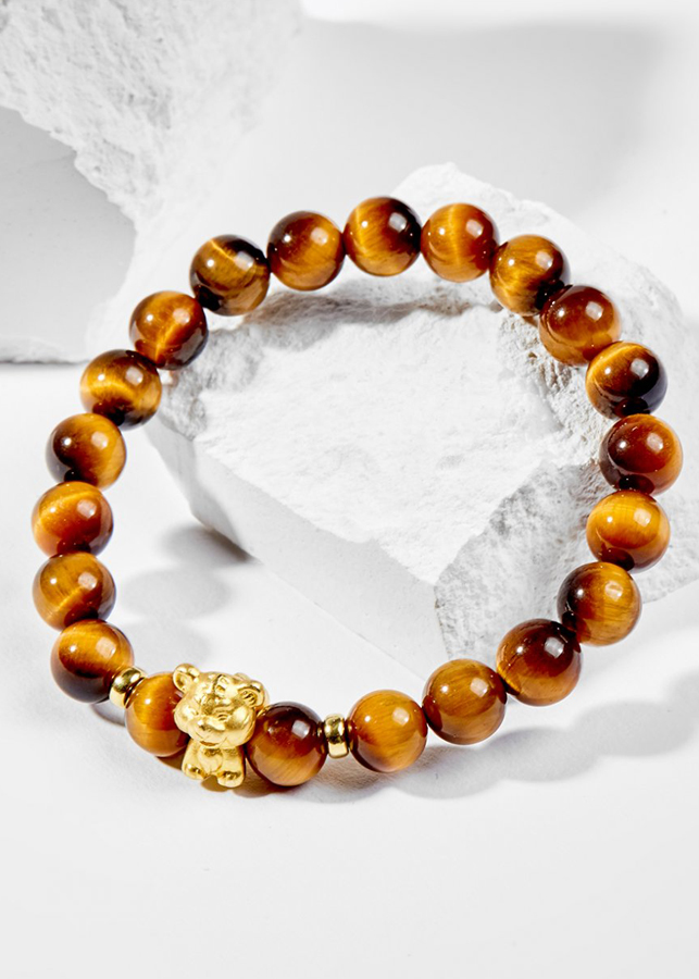 Vòng Tay Phong Thủy Đá Mắt Hổ Vàng Nâu Phối Charm Tuổi Dần Bạc Mạ Vàng 24K Mệnh Thổ, Kim Ngọc Quý Gemstones