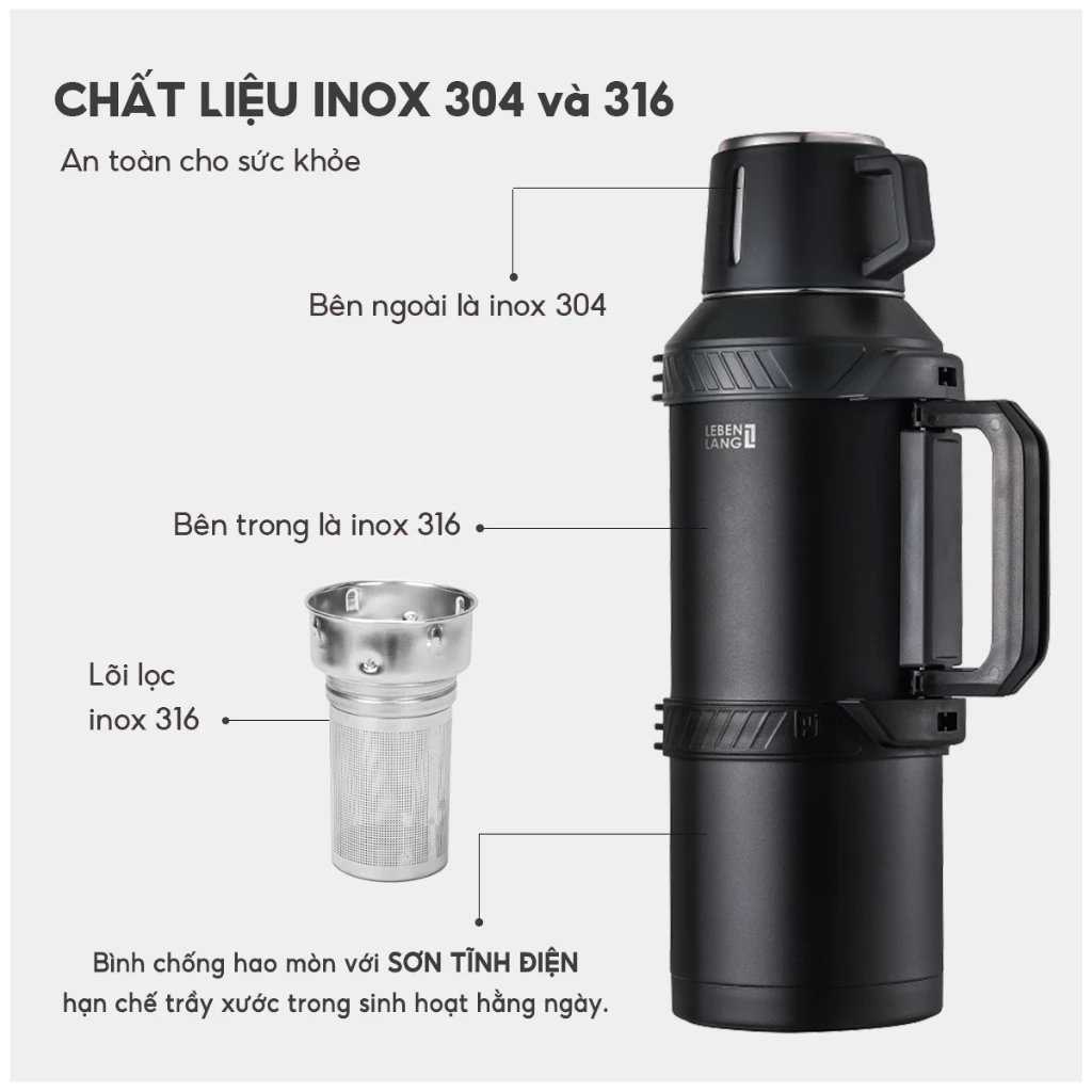 Bình giữ nhiệt Inox 316 Lê Bên Làng LBL3026/ LBL3025 dung tích 4L/ 6L có lõi lọc trà và dây đeo