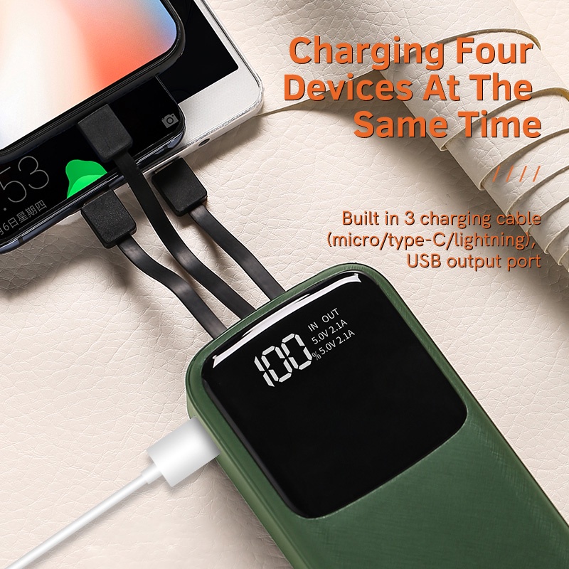 Pin dự phòng Kivee PT38P dung lượng pin 10000mAh tích hợp đèn led kèm cáp sạc 4 trong 1