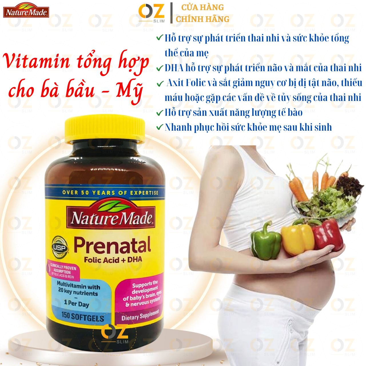 Vitamin tổng hợp cho bà bầu Prenatal Folic Acid+ DHA Nature Made giúp mẹ khỏe, thai nhi phát triển tốt  - OZ Slim Store