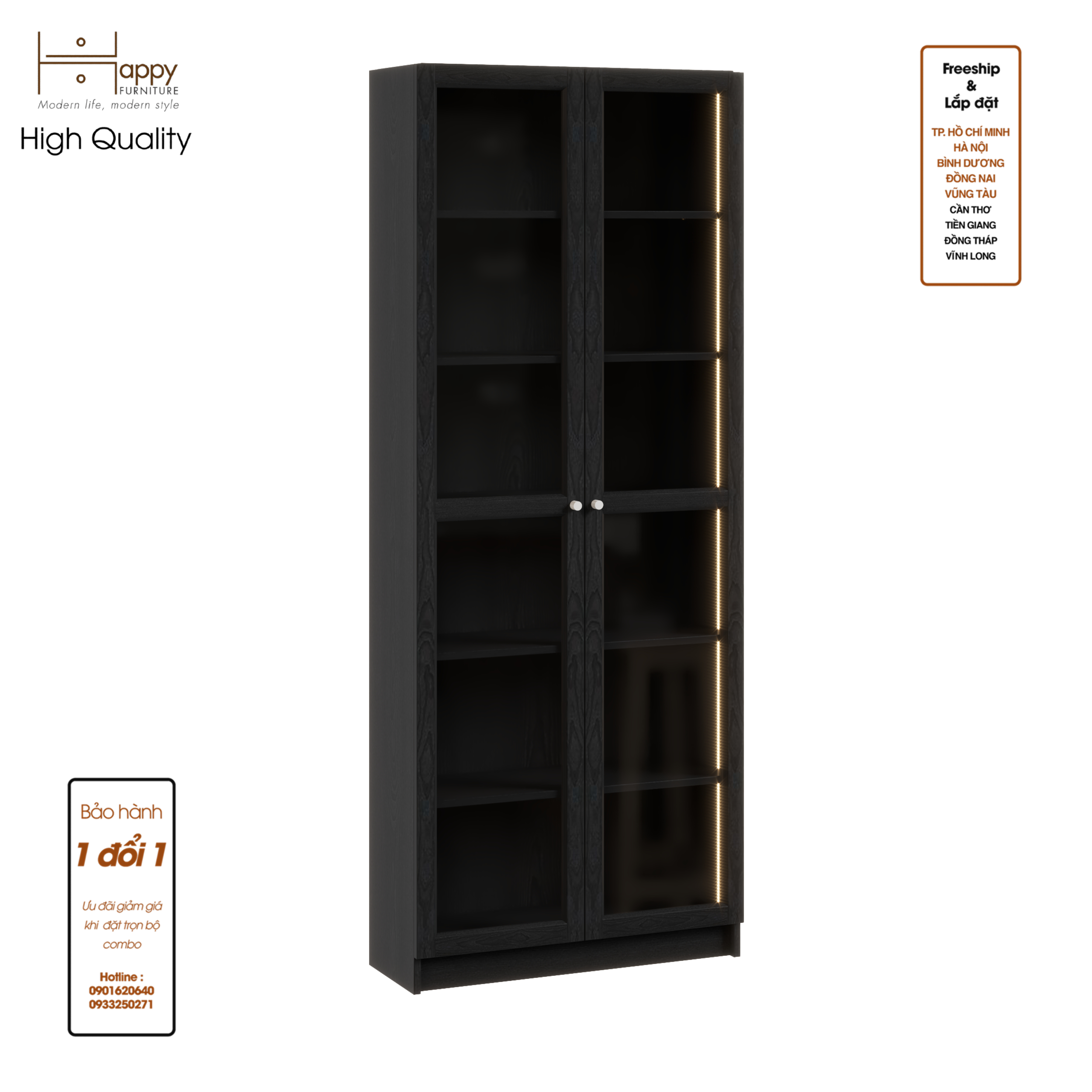 CATY, kệ sách 6 tầng cửa kính tích hợp đèn LED, 80cm x 30cm x 202cm , KSA_010_LED
