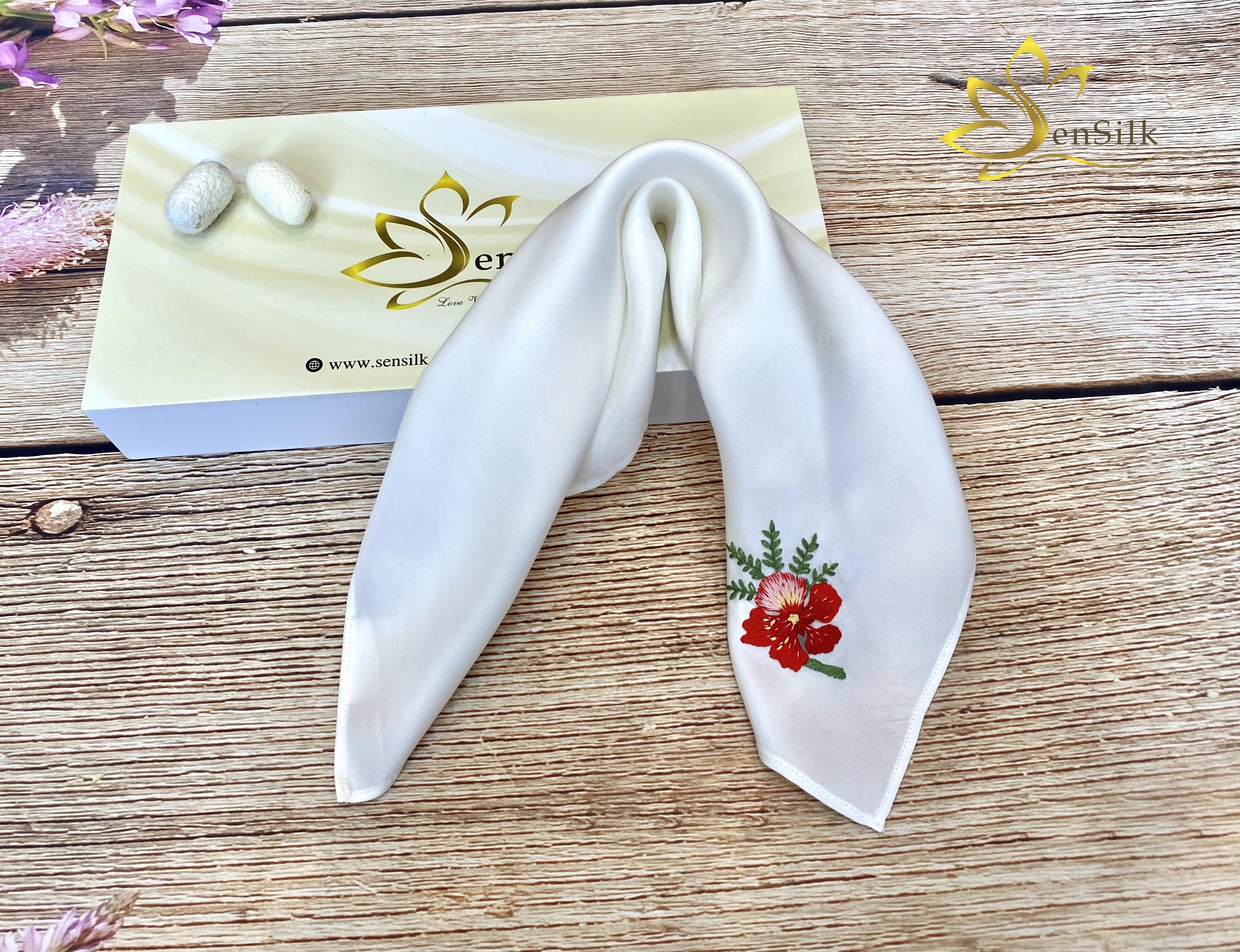 Khăn Tay Lụa Thêu SenSilk Hoa Phượng Vĩ – Quà Tặng Tuổi Học Trò, Embroidered Handkerchief Silk