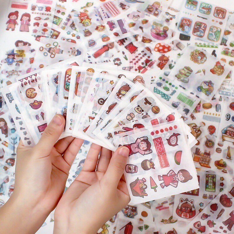 Hộp 100 miếng dán sticker, tấm dán văn phòng phẩm hoạt hình trang trí  dễ thương