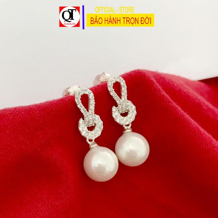 Bông tai nữ ngọc tròn size 10 ly dáng dài chốt đeo sát tai gắn đá trắng cao cấp trang sức Bạc Quang Thản - QTBT149