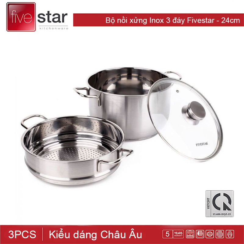 Bộ Nồi Xửng Hấp Fivestar 3 Đáy 26/28/30/32cm Chất Liệu Inox 430 Sáng Bóng, Bền Tốt, Ít Bị Oxy Hóa Bảo Hành 5 Năm- Hàng Chính Hãng