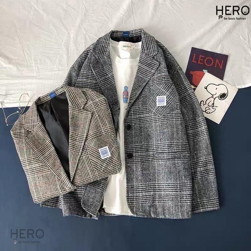 Áo Blazer Caro Form Rông Dài Tay BZ09, Áo Khoác Vest Blazer Học Sinh Hàn Quốc Nam Nữ Thời Trang HERO