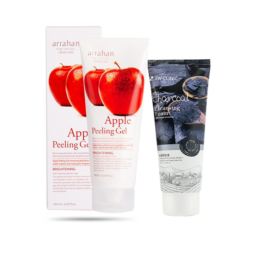 Combo Sữa rửa mặt chiết xuất từ than hoạt tính 3W CLINIC CHARCOAL CLEANSING FOAM và Gel tẩy da chết hương táo Arrahan