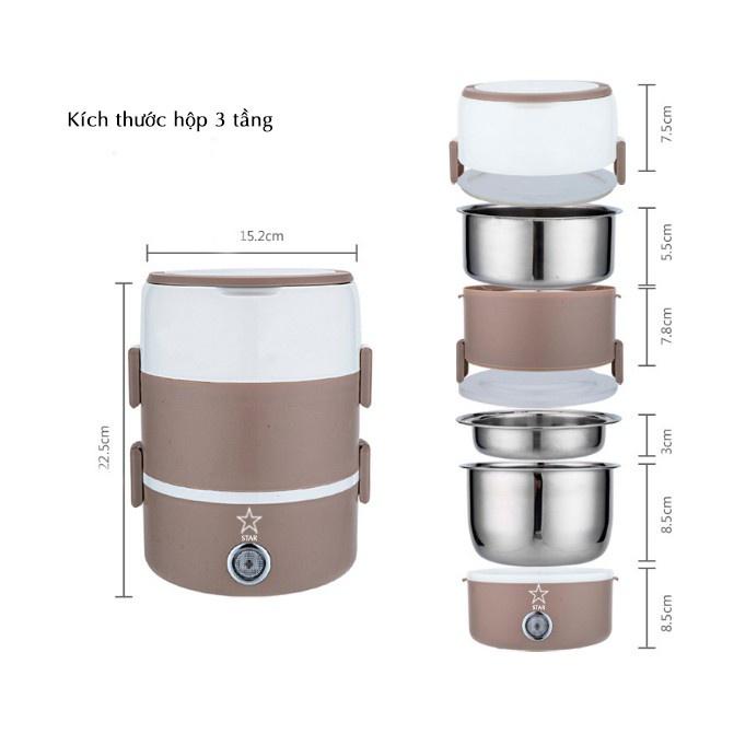 Hộp Cơm Hâm Nóng Cắm Điện 3 Tầng, Giữ Nhiệt, Hâm Nóng Nhanh Thức Ăn, Lõi Inox Cao Cấp