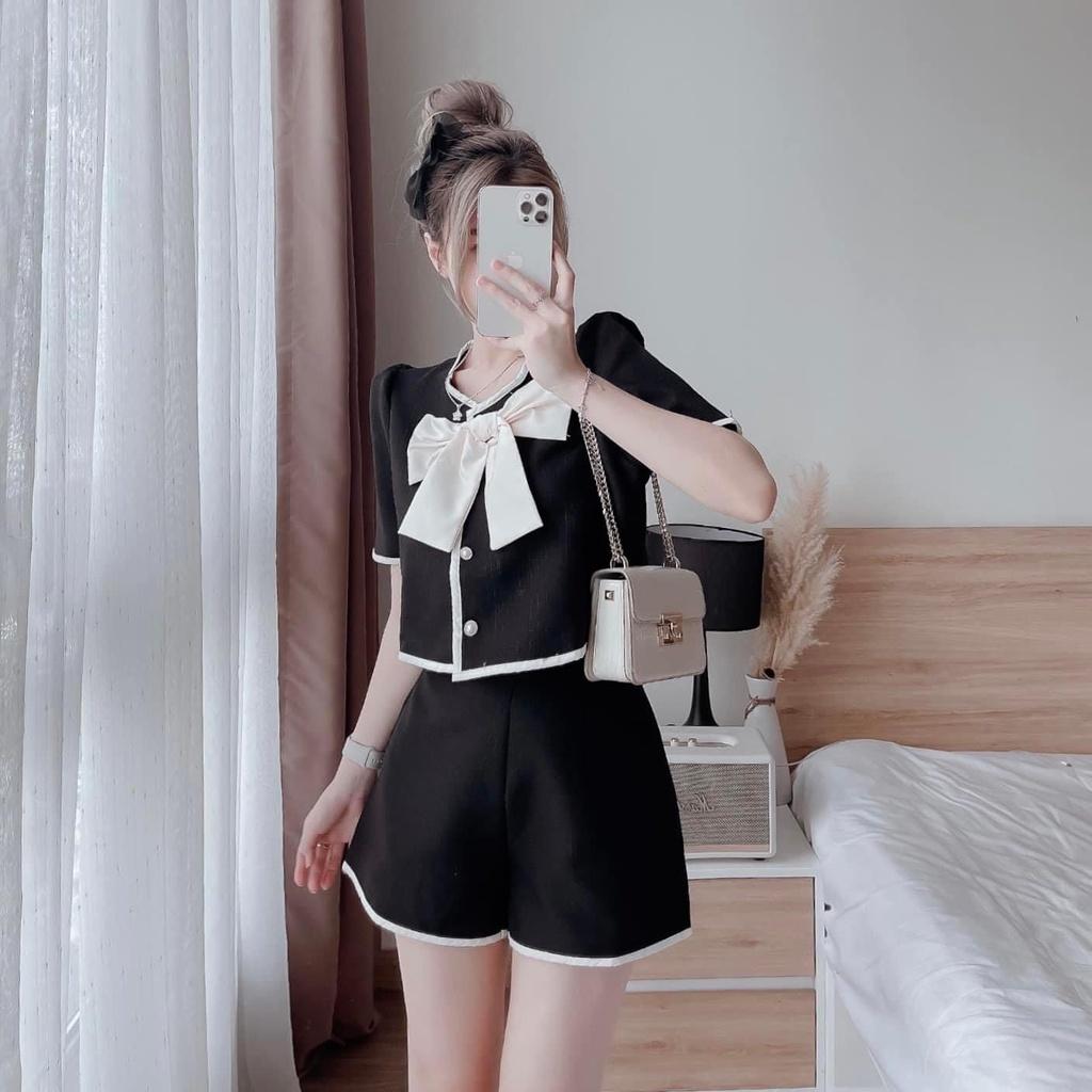 FREESHIP Set bộ đồ nữ áo croptop phối viền đính nơ đơn giản cute dành cho các tình yêu đi chơi, dạo phố KIM GIA DS