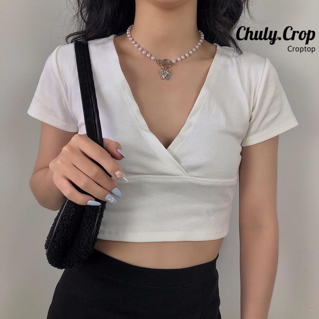 Áo croptop cổ V xẻ ngực sexy Basic Đen và Trắng