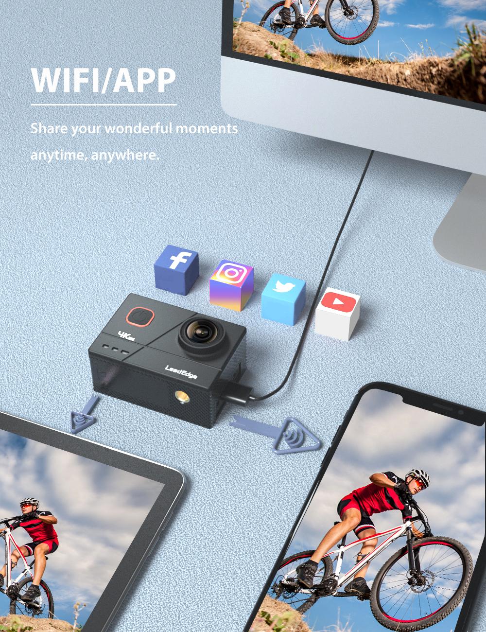 Camera hành động LeadEdge 4K/30FPS 1080P/60FPS 20MP EIS Chống rung MIC ngoài WiFi Điều khiển từ xa Lặn Cam dưới nước chống nước 40M