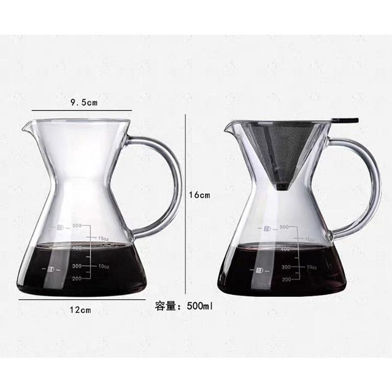 Bình Pha Cà Phê Chemex Tay Cầm Thủy Tinh có Phễu Inox 500ML