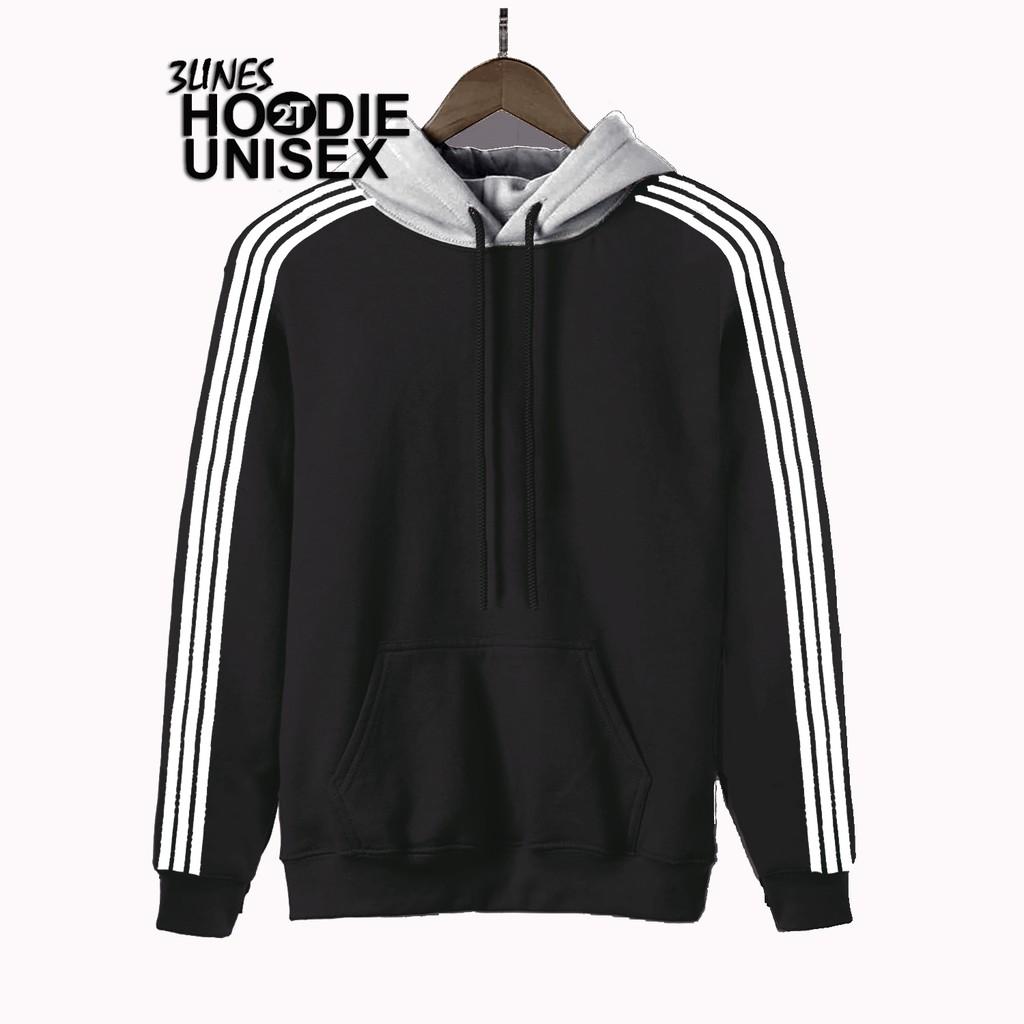 Áo Hoodie 3Lines nón xám unisex 2T Store H3L03 màu đen khoác nỉ chui đầu 3 sọc nón may 2 lớp dày dặn chất lượng