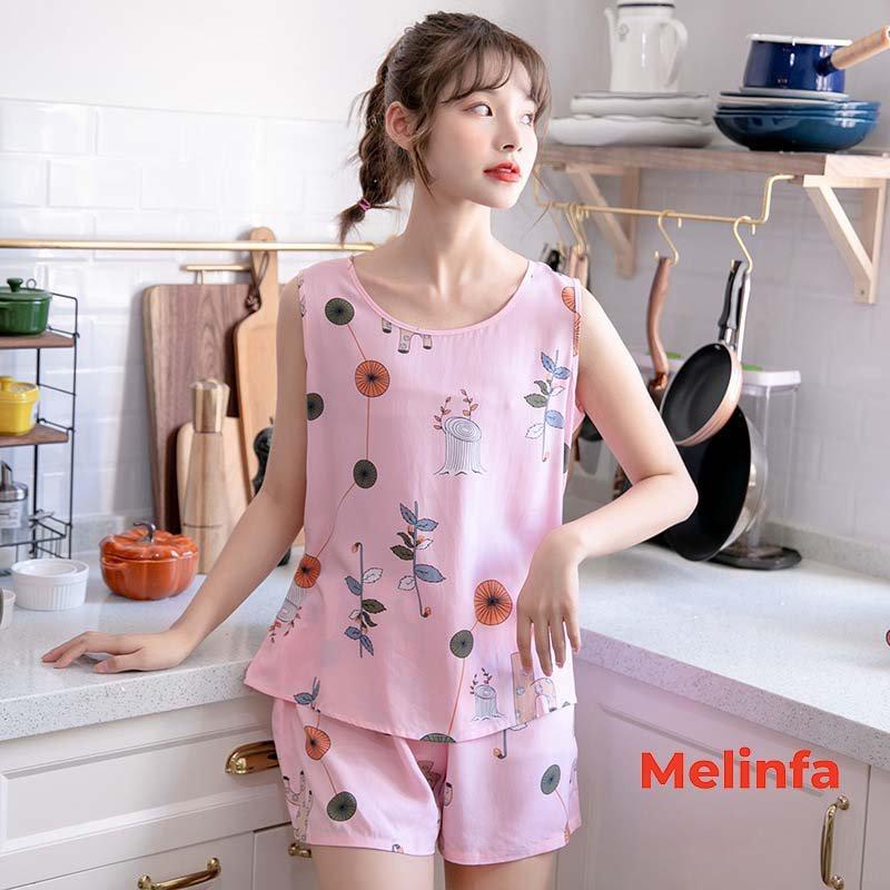 Bộ đồ ngủ nữ, bộ đồ mặc nhà áo ba lỗ quần short vải lanh lụa cotton thoáng mát mặc mùa hè, bộ ba lỗ mã VABD0179