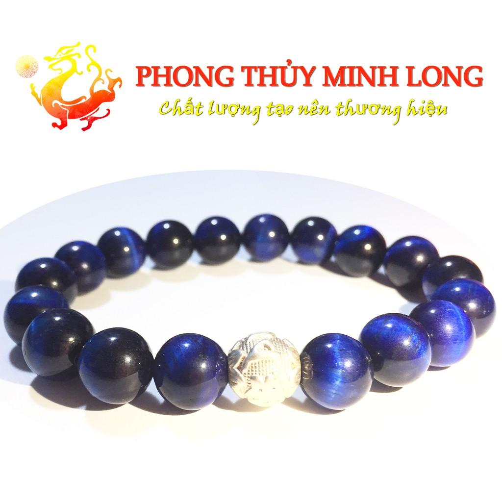 Vòng tay đá Mắt Hổ Xanh Dương chất lượng 5A mix 1 hạt kim tiền Bạc hợp mệnh thủy và Mộc