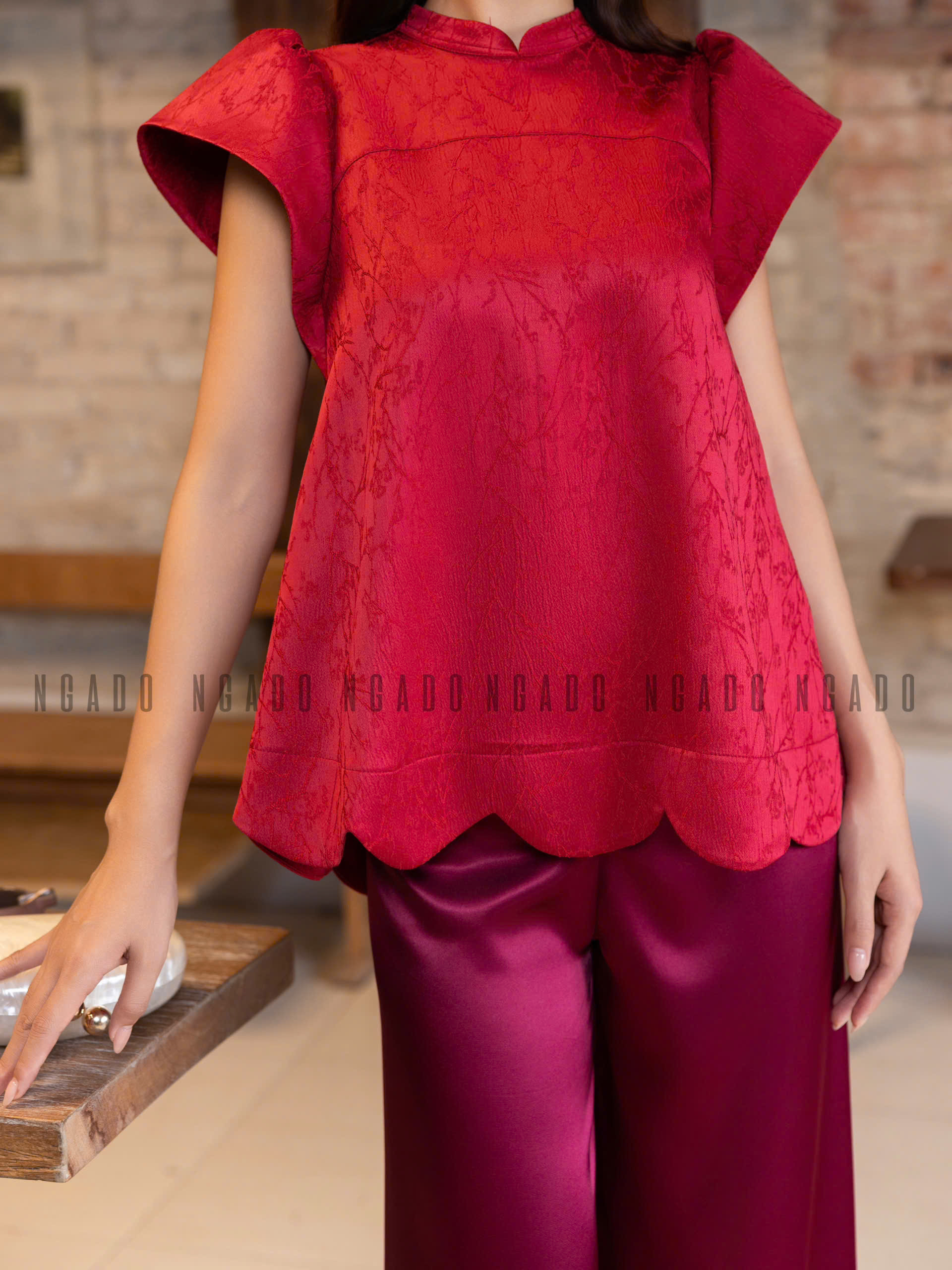 Set áo yếm đỏ tay phồng NGADO , set áo gấm , set áo yếm Nữ , set dự tiệc , dạo phố