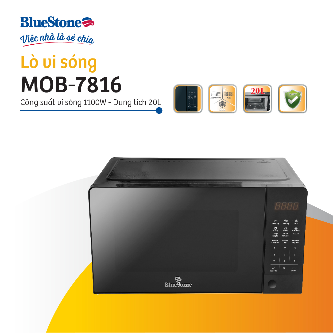 Lò Vi Sóng Điện Tử Có Nướng BlueStone MOB-7816, 1100W - 20Lit, 8 Chế Độ Nấu, Hàng Chính Hãng