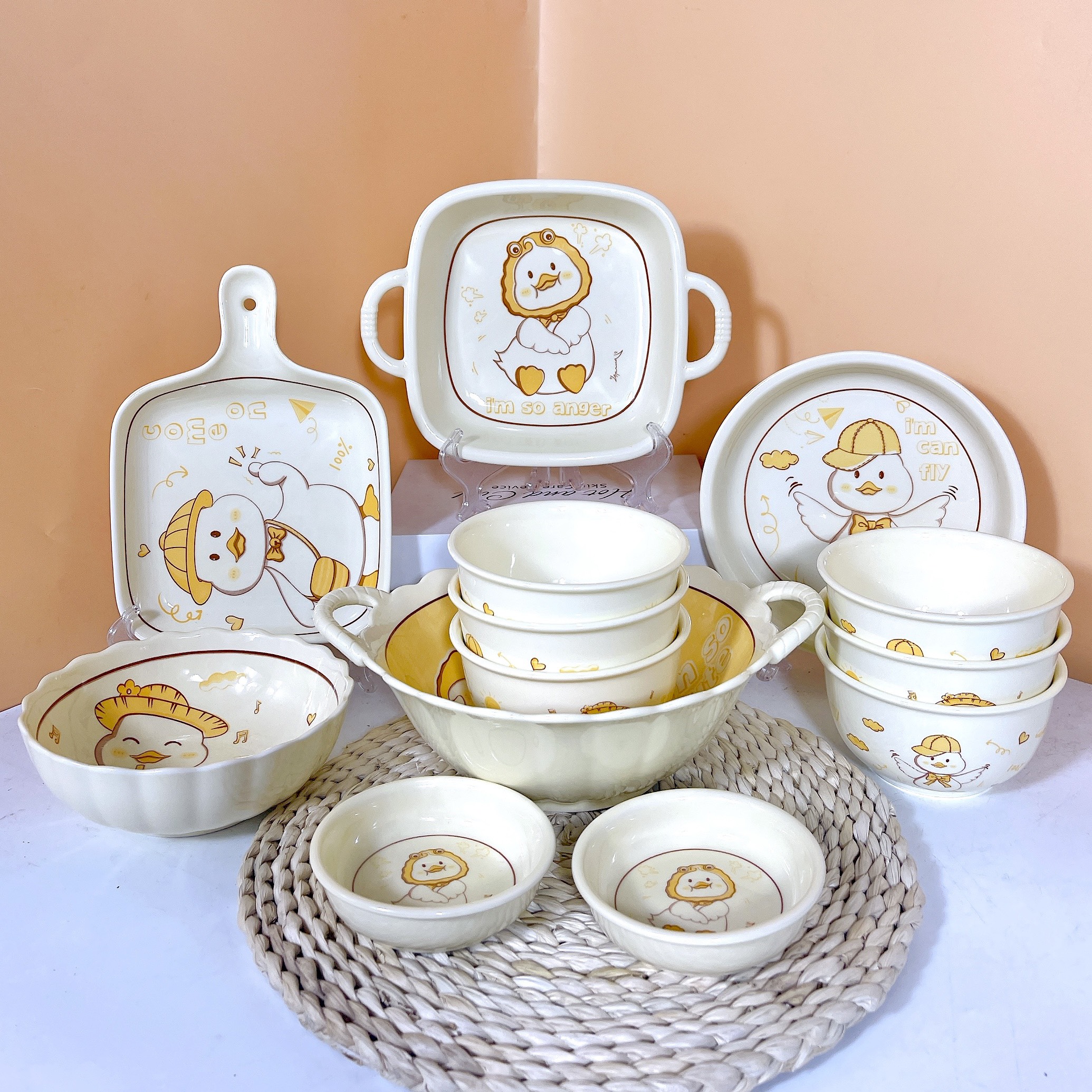 Bộ Bát Đĩa Thương Hiệu Gosu Họa Tiết Vịt Béo Dễ Thương Tráng Men Cao Cấp