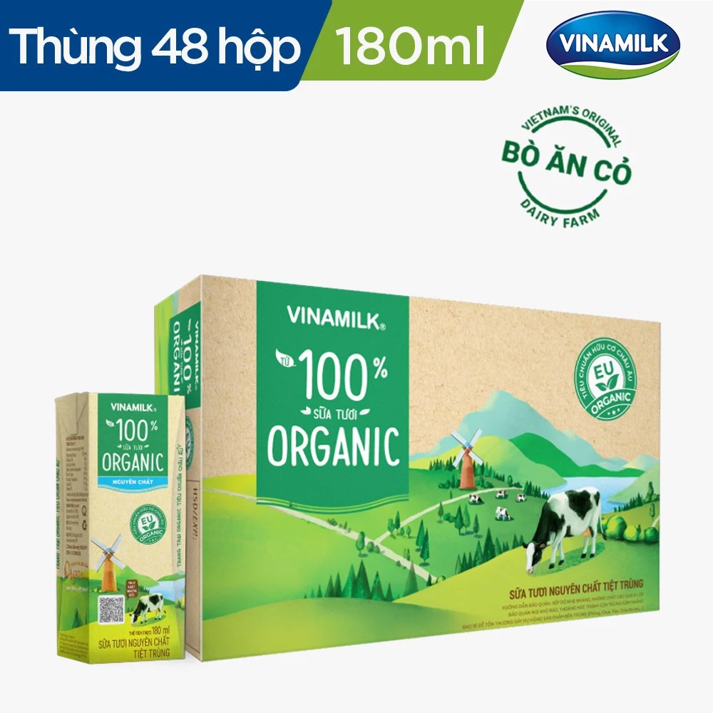 Thùng 48 Hộp Sữa Tươi Tiệt Trùng Vinamilk 100% Organic Nguyên chất (180ml)