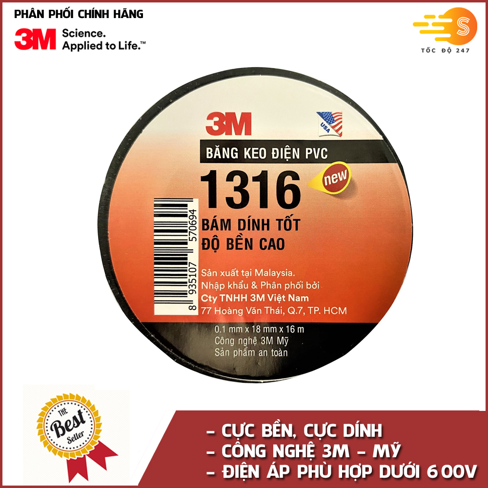 Băng keo điện PVC cực bền siêu dính 18mm x 16m 3M 1316