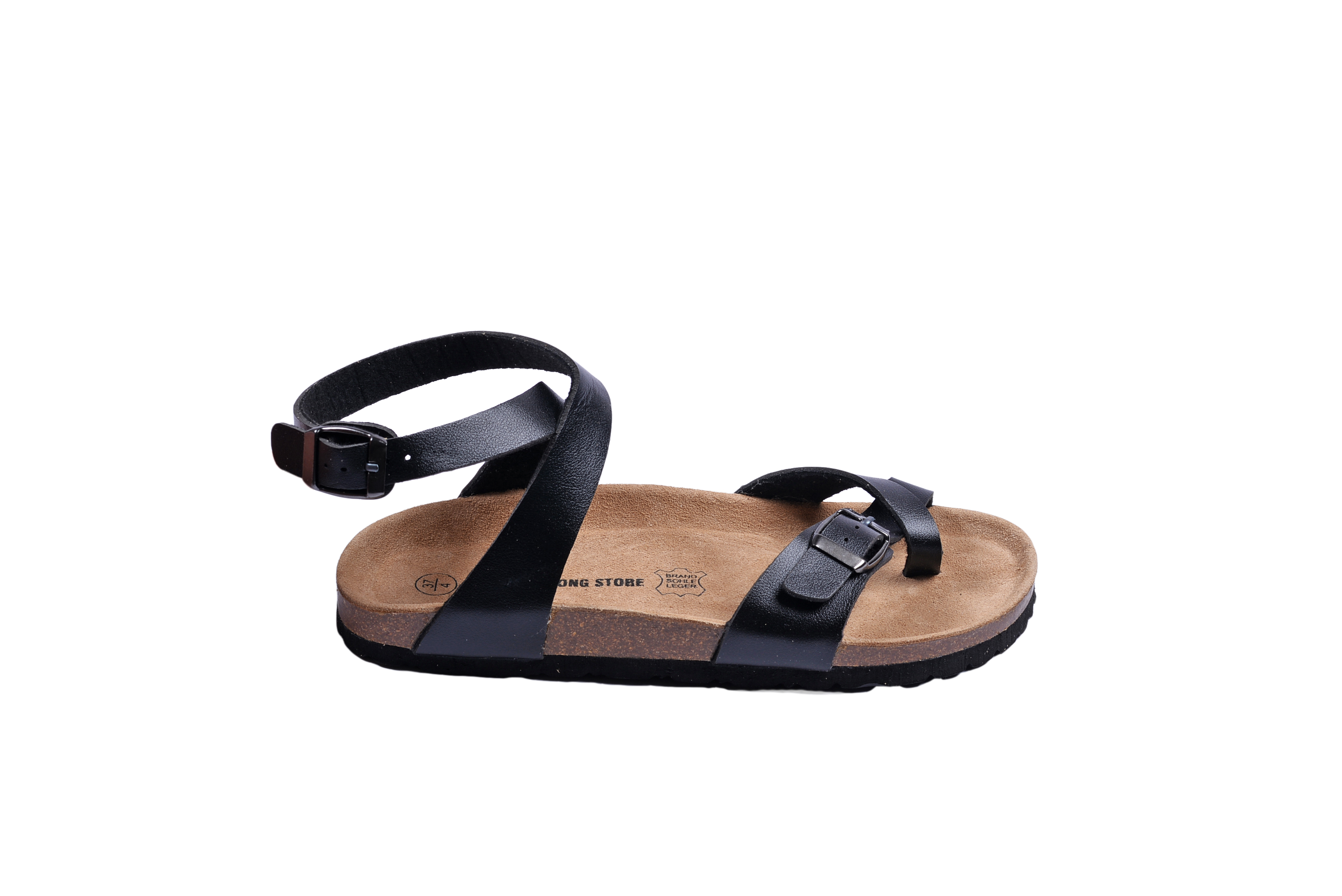 Sandal unisex xỏ ngón cổ xoắn da pu đen handmade