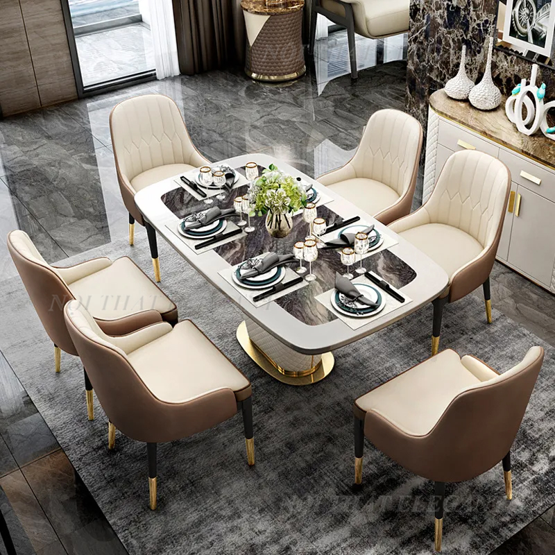 Bộ bàn ăn 6 ghế cao cấp, mặt đá hoa cương độ cứng cao, chân bàn kim loại bọc da PU – EL-BA19