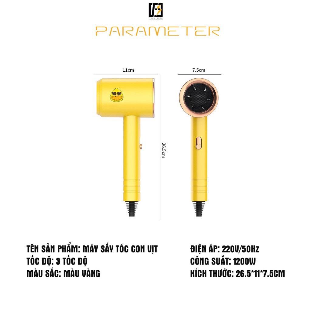 Máy sấy tóc tạo kiểu hình Vịt Vàng cute công suất 1200W Kèm Mỏ Sấy,2 chiều nóng lạnh, 3 tốc độ gió, tiện lợi đi du lịch