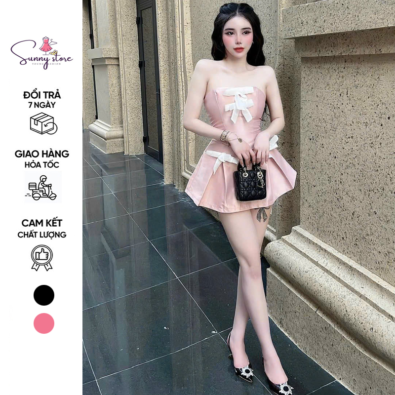 Set áo cúp ngực nhọn đính nơ tapta phối chân váy