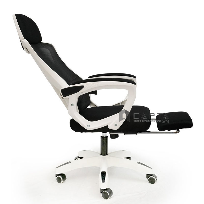 Ghế gaming khung nhựa trắng lưng lưới đen CR4312-2M Nội thất Capta Ghế làm việc tại nhà ngả lưng gác chân