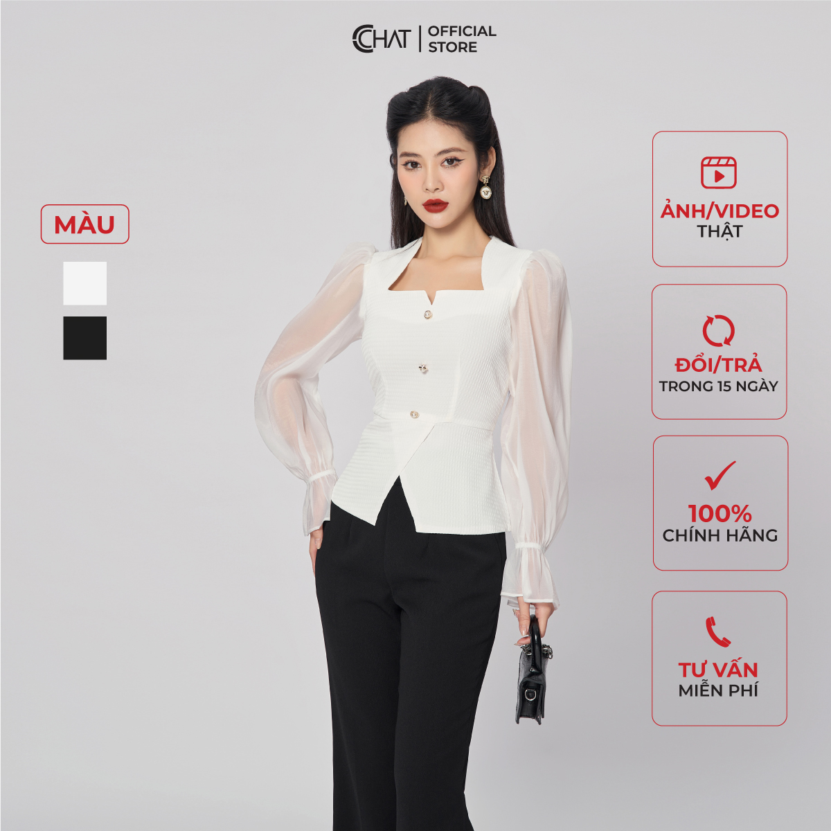 Áo Cổ Kiểu Phối Tay Nhúm Tơ CCHAT Chất Liệu Xốp Cao Cấp 13ADX8002PT
