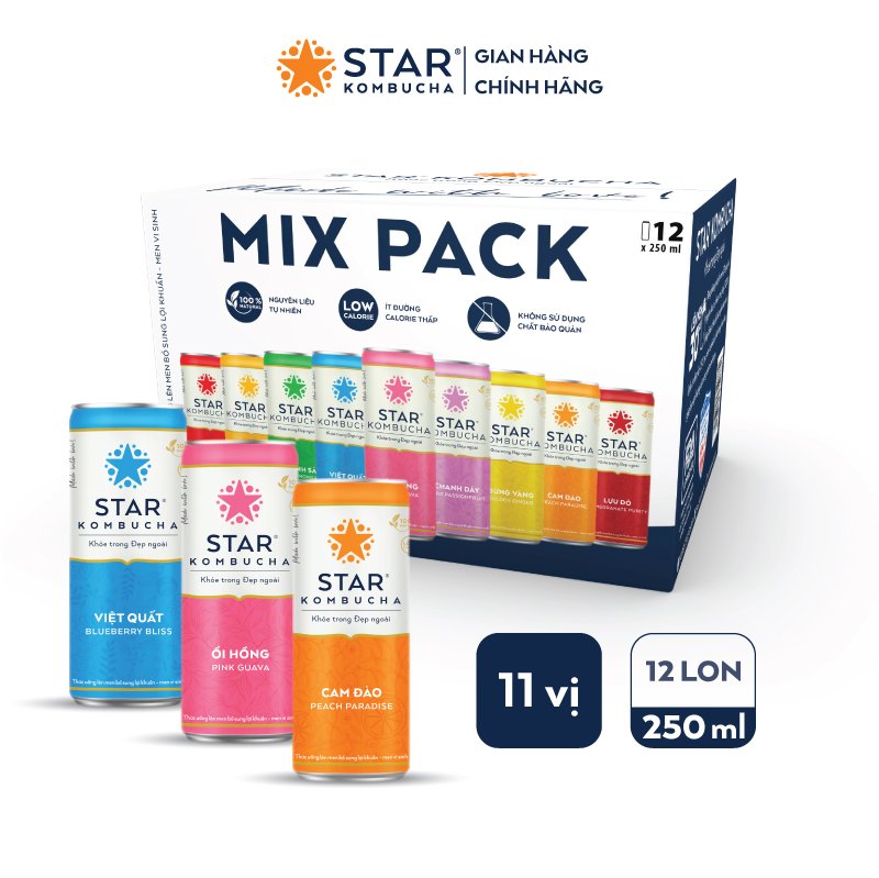 Combo 4 thùng 12 lon mix vị Thức uống lên men Star Kombucha Family Pack (250 ml/lon)