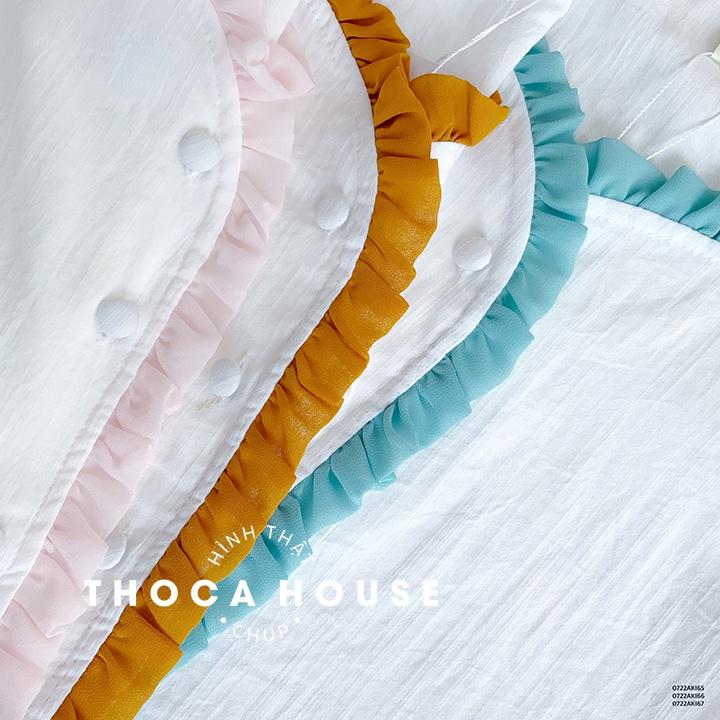 Áo kiểu nữ croptop bèo tay ngắn phối viền màu THOCA HOUSE mặc đi làm, đi học, dạo phố,...