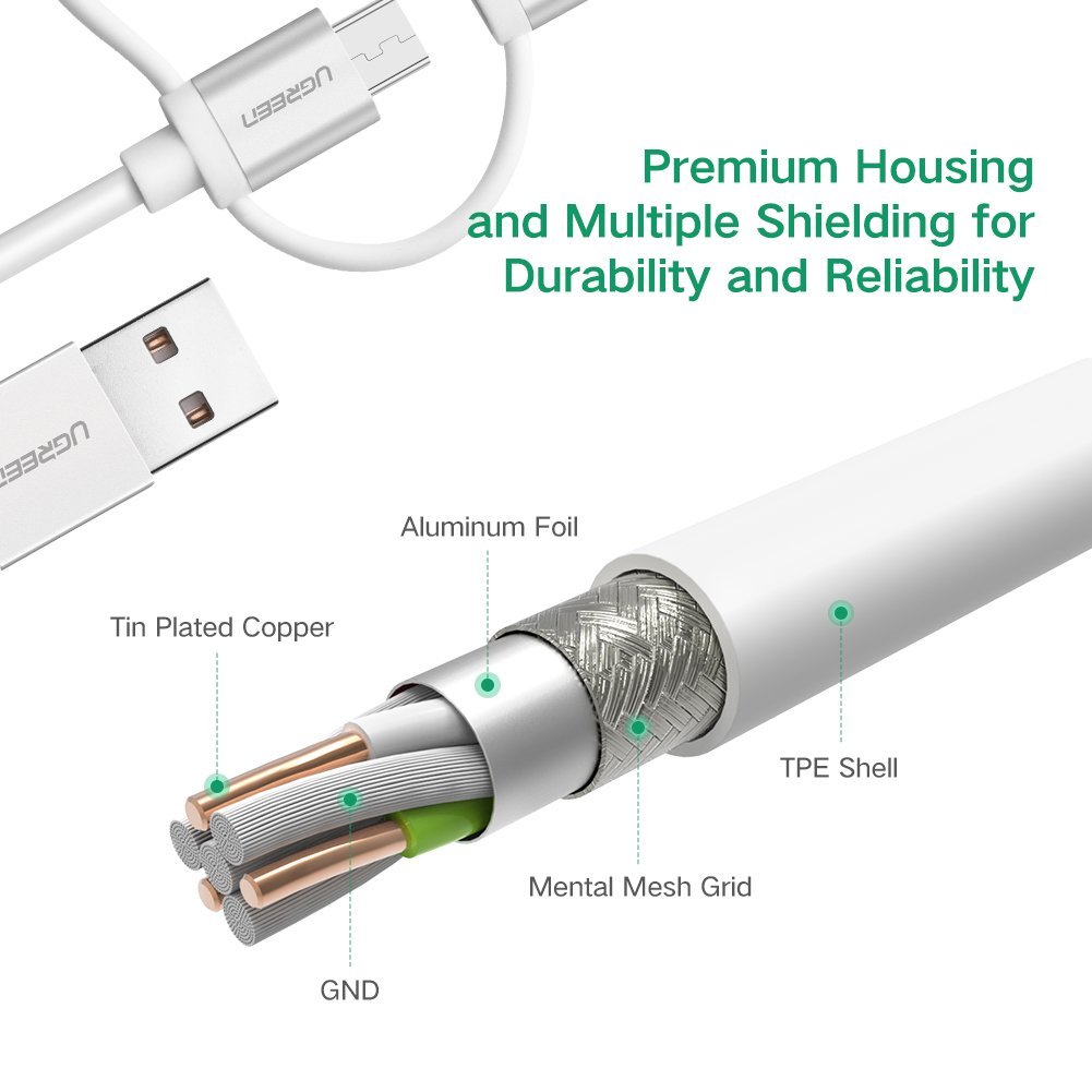 Cáp sạc điện thoại, smartphone 2 trong 1 Ugreen 20749 dài 1.5m chuẩn Micro USB và Lightning, sợi dây dầy, 3 đầu bọc aluminium - Hàng Chính Hãng