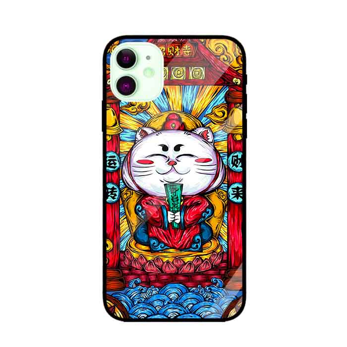Ốp lưng kính cường lực cho iPhone 11 Nền Mèo May Mắn Trắng - Hàng Chính Hãng