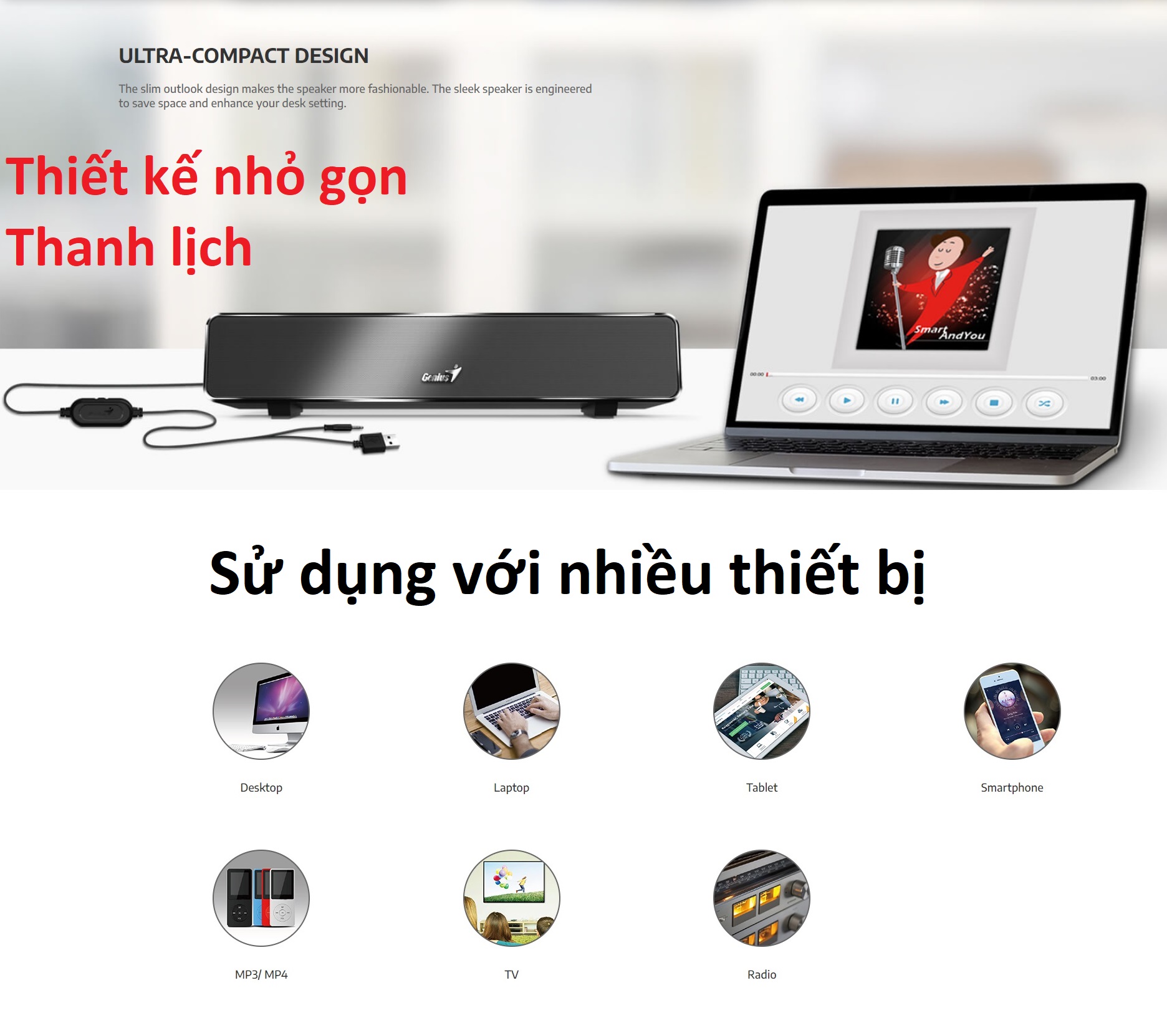 Loa máy tính toàn dải Genius USB Soundbar 100 -Hàng chính hãng