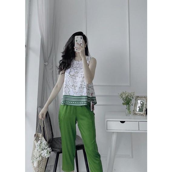 Hàng thiết kế️️Set áo sát nách in chữ phối quần lửng xanh