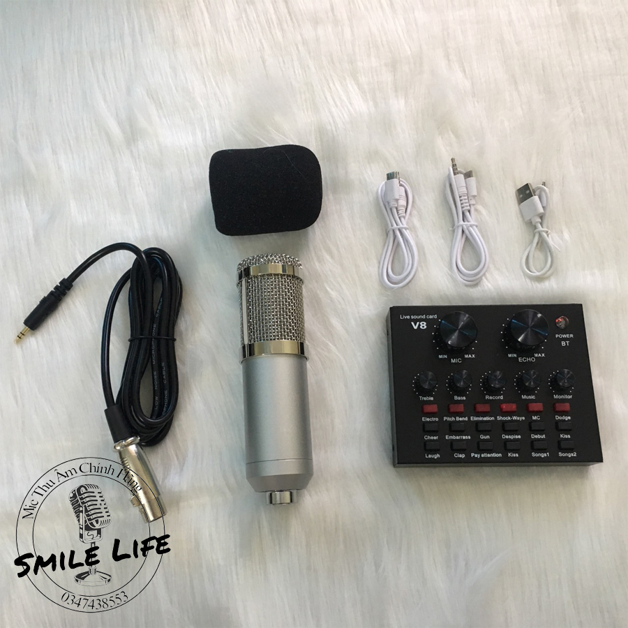 Combo Thu Âm Livestream Souncard V8 Mic Bm900 Bluetooth