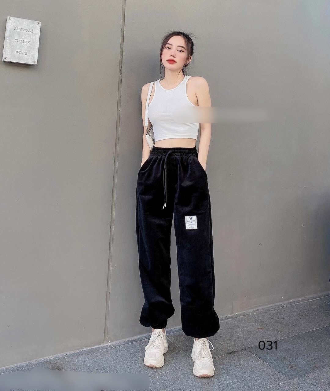 Quần jogger nỉ nhung tăm nữ bo gấu dày dặn phom rộng basic 3 màu style ulzzang