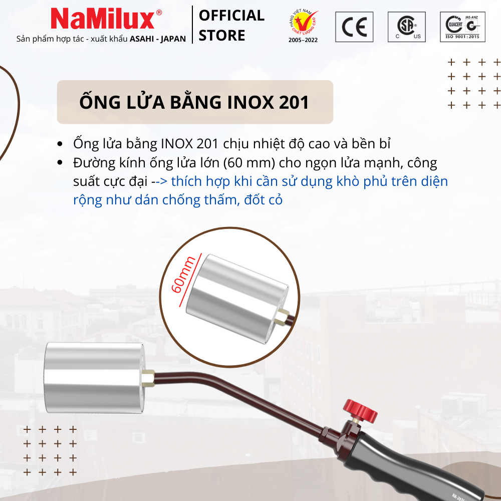 Bộ Đèn Khò Gas Công Nghiệp NaMilux I Ngắt Gas Tự Động I Đường Kinh Ống Lửa 60mm I Hàng Chính Hãng