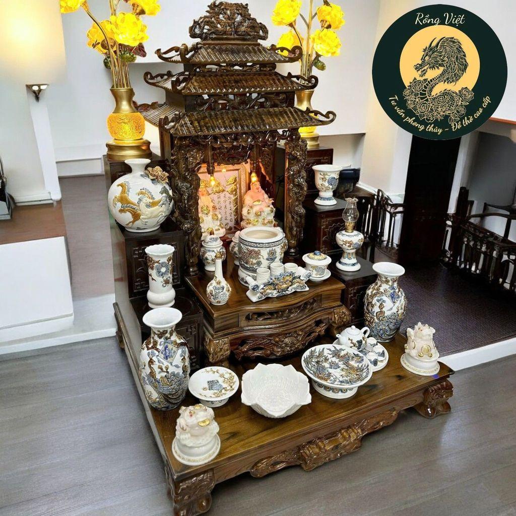 Đèn Dầu Gốm Bát Tràng Men Xanh Rồng Việt - Cao 26cm & 28cm, Đắp Nổi Đào Thọ Cao Cấp(cả bóng đèn)
