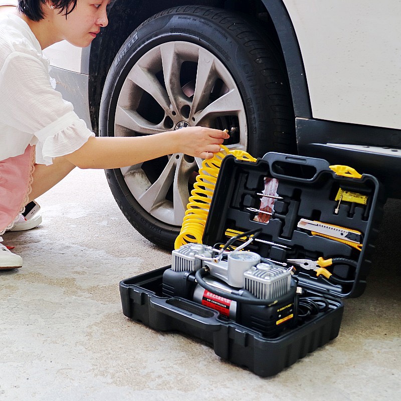 Bơm lốp xe ô tô 2 xi lanh công suất lớn 280W kèm hộp đựng dụng cụ - Máy Bơm Lốp Xe Hơi đồng hồ điện tử hiển thị áp suất lốp