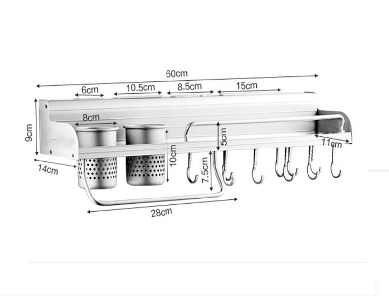 Giá treo tường để đồ nhà bếp có ống đũa, giá để dao, móc treo đồ