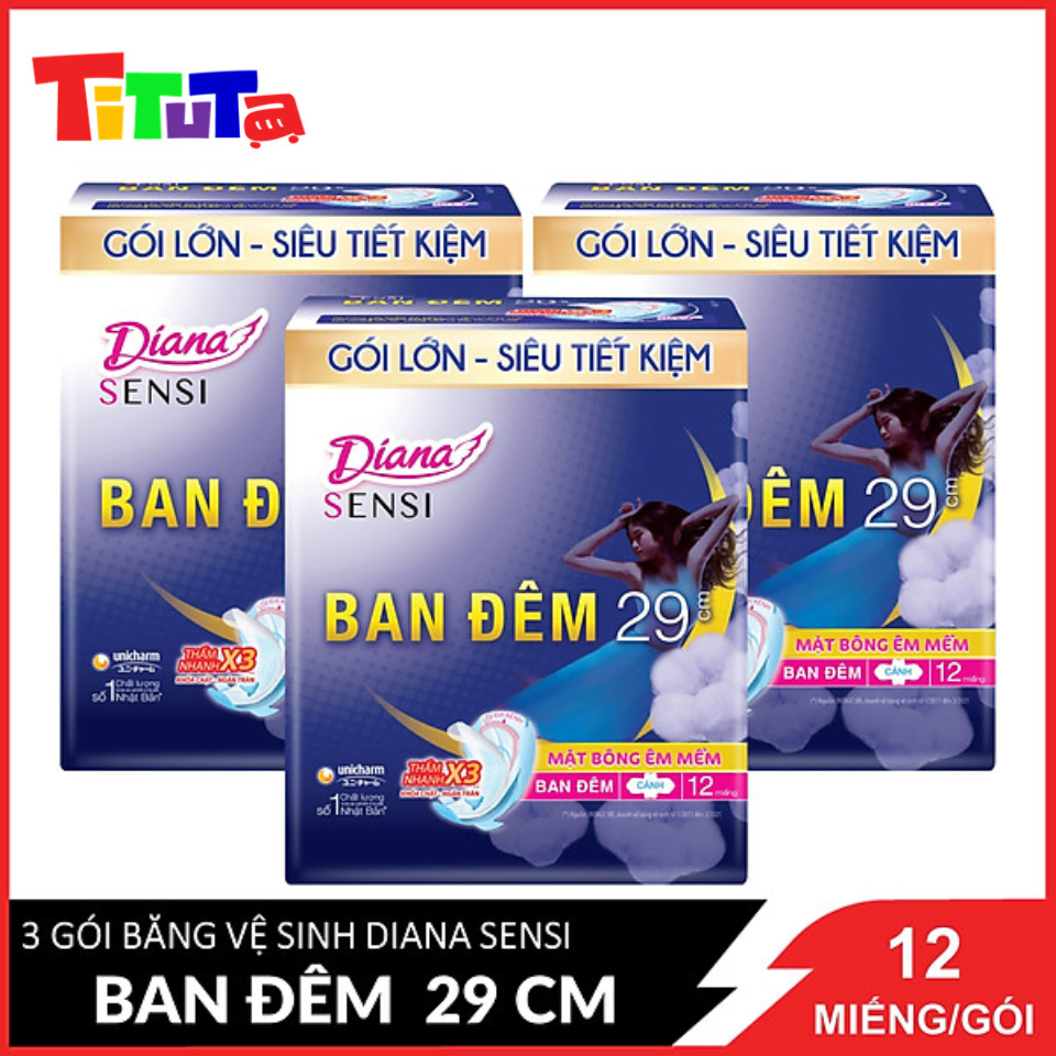 Combo 3 Gói Băng vệ sinh ban đêm Diana Sensi Ban Đêm có cánh 29cm 12 miếng