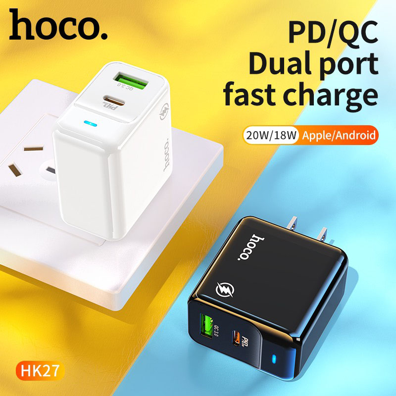 Hình ảnh Cốc sạc PD20W Hoco HK27 chân dẹt cổng USB và Type-C , QC3.0 chất liệu chống cháy cao cấp ( 2 màu ) - Hàng chính hãng