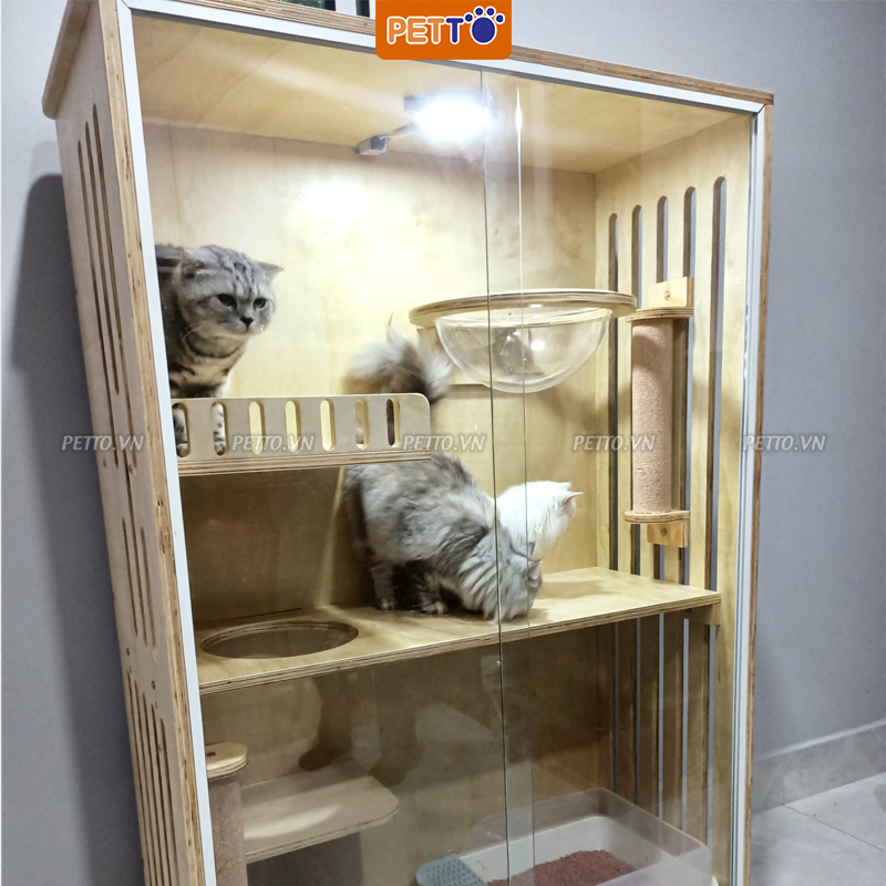 Tủ GỖ nuôi mèo 2 tầng Nhà mèo khép kín SANG TRỌNG cửa lùa trong suốt mang lại không gian sống tiện nghi cho mèo CC044