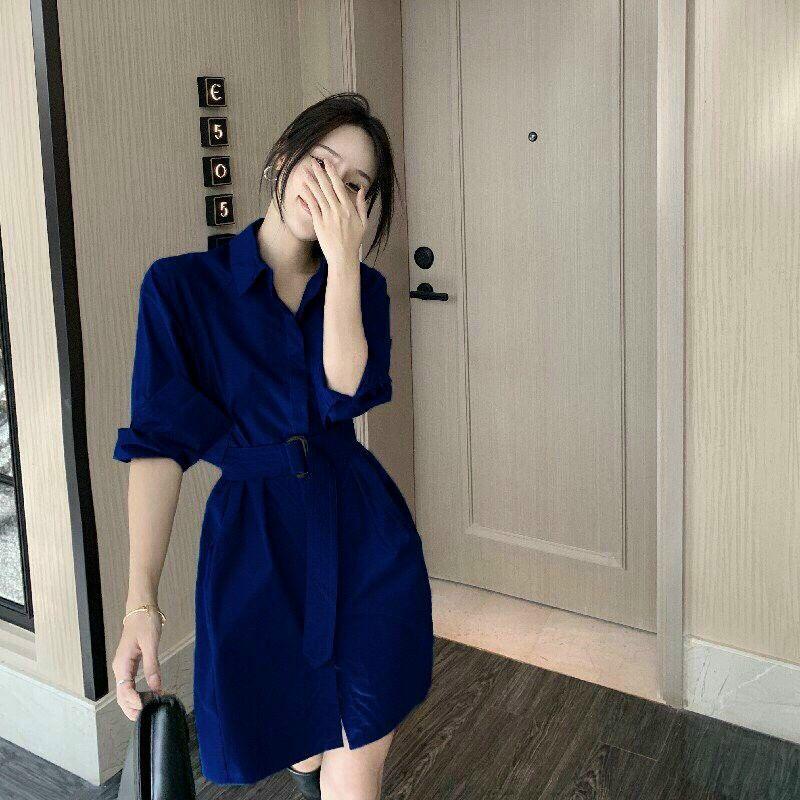 ĐẦM SUÔNG CỔ SƠ MI TAY LỠ THẮT EO