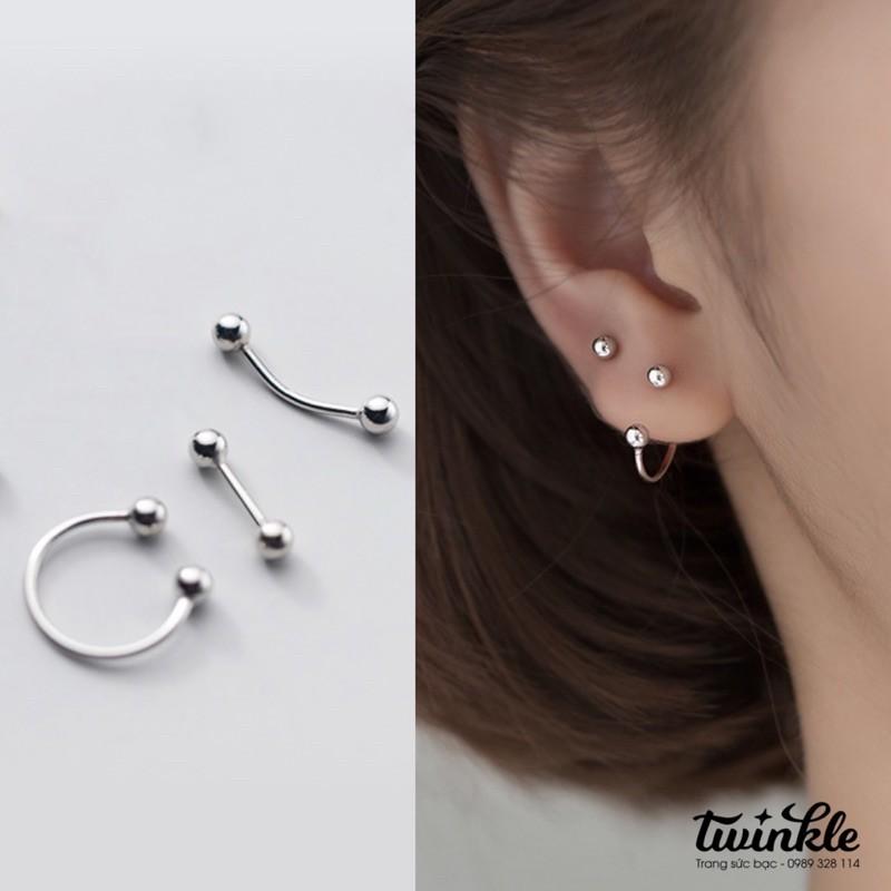 Khuyên bạc 925 CAO CẤP 100% hai đầu bi dạng xoắn dễ phối không đau - Twinkle Silver