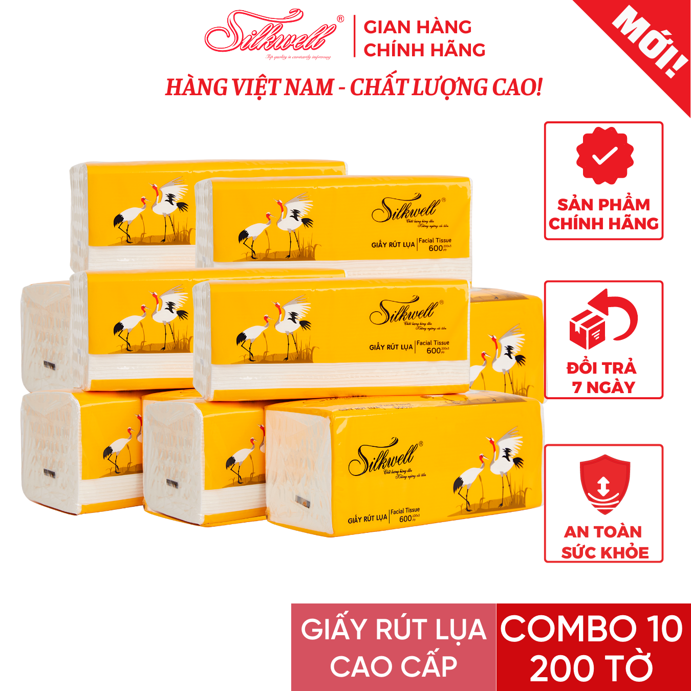 Combo 10 gói Giấy ăn Silkwell 200 tờ 3 lớp Dòng cao cấp chính hãng